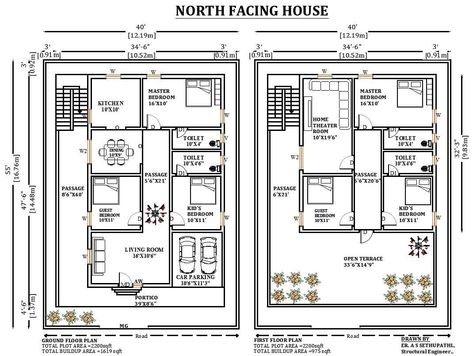 40'X55' East facing 6bhk G+1 house plan according to Vastu Shastra. The total Plot area of this house plan is 2200 sqft. On the Ground floor, The master bedroom is in the southwest direction with the attached toilet is in the west. The children's bedroom is in the west with the attached toilet is in the west. The guest bedroom is in the east. kitchen is placed in the southeast. Dining near the kitchen is in the east. The hall is in the northeast direction. Car parking is placed in the northwest. 40 X 55 House Plans, 40 60 House Plans India East Facing, North Facing House Plans India Vastu, House Plan According To Vastu, 40×60 House Plans, 40x60 House Plans, West Facing House, Bee Room, North Facing House