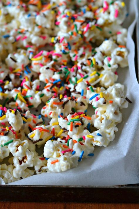 Funfetti Popcorn Funfetti Popcorn Recipes, Sprinkle Popcorn, Toddler Tea Party Birthday, Chex Cereal Bars, Funfetti Popcorn, Toddler Tea Party, Popcorn Seeds, Sprinkles Recipe, Popcorn Recipe