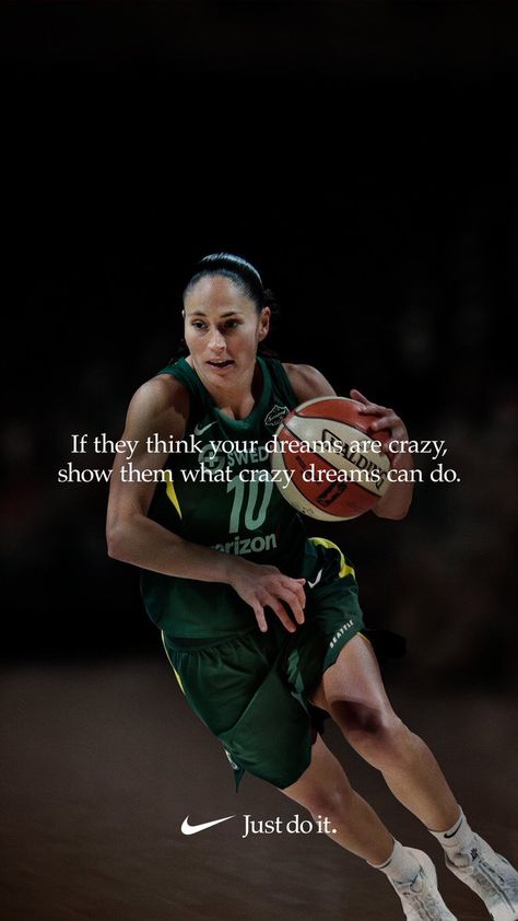 WNBA player, Sue Bird, featured in Nike's "Dream Crazier" campaign, challenging double standards for women in sports and encouraging young women to dream big. Quotes Sports Motivation, Female Athlete Quotes, Cowgirl Baddie, Bball Quotes, Nike Advertisement, Basketball Quotes Inspirational, Basketball Board, Quotes Sports, Player Quotes