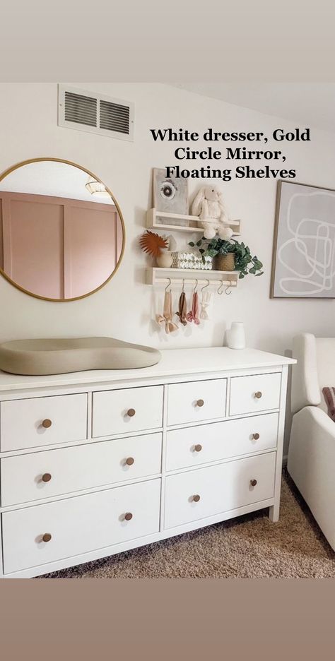 Above The Changing Table Decor, Mirror Over Nursery Dresser, Decor Above Nursery Dresser, Gold And White Nursery, Mirror Above Dresser Nursery, Above Nursery Dresser Decor, Nursery Mirror Ideas, Hobby Lobby Baby Girl Nursery, Hobby Lobby Nursery Girl