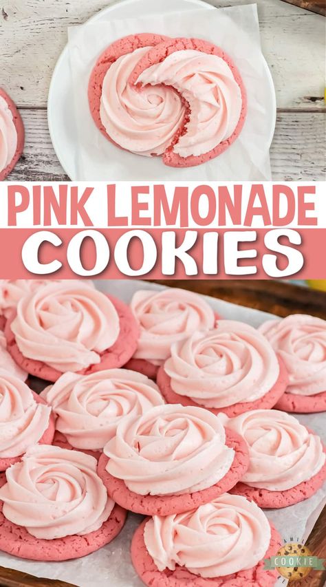 Pink Lemonade Cookies, Lemonade Cookies, Pink Party Foods, Halloween Breakfast, Pink Desserts, Lemon Frosting, Pink Cookies, Summer Cookies, Lemon Flavor