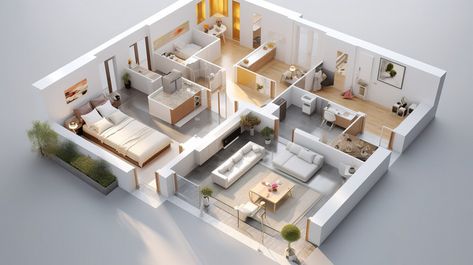 Ground Floor 3d Interior Design Of Apartment From A Top View#pikbest#Backgrounds#Others Table Top View, 3d Floor Plan, 3d House, 3d Interior Design, Brown Floors, 3d Floor, Apartment Plans, 3d Interior, Modern Shelving