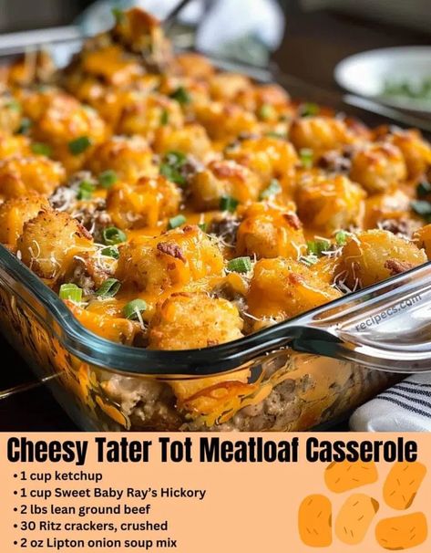 Cheesy Tater Tot Meatloaf Casserole - Tasty Recipes Cheesy Tater Tot Meatloaf Casserole, Tater Tot Meatloaf, Garlic Butter Pork Chops, Butter Pork Chops, Cheesy Potato Bake, Cheesy Tater Tots, Cheeseburger Tater Tot Casserole, Meatloaf Casserole, Tater Tot Recipes