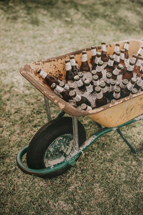 Beer In Wheelbarrow, Wheelbarrow Drink Station, Beer Wheelbarrow, Wedding Wheelbarrow, Wheelbarrow Drinks, Non Traditional Wedding Party, 60s Restaurant, English Style Decor, Classic English Wedding