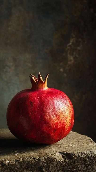 A single ripe pomegranate fruit sitting on a stone surface against a textured dark background. Still Life Sketch, Life Sketch, Still Life Fruit, Fruit Photography, Still Life Photos, Fruit Painting, Painting Still Life, Still Life Art, Fruit Art