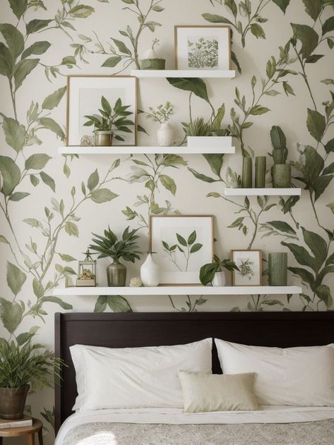 Transform your bedroom into a tranquil oasis with a collection of botanical prints or an accent wall covered in removable wallpaper. Add an extra touch of elegance with a set of minimalist floating shelves to display your favorite art pieces or planters. Minimalist Floating Shelves, Aesthetic Wall Decor, Aesthetic Wall, Botanical Prints, Floating Shelves, Removable Wallpaper, Accent Wall, Wall Coverings, Oasis