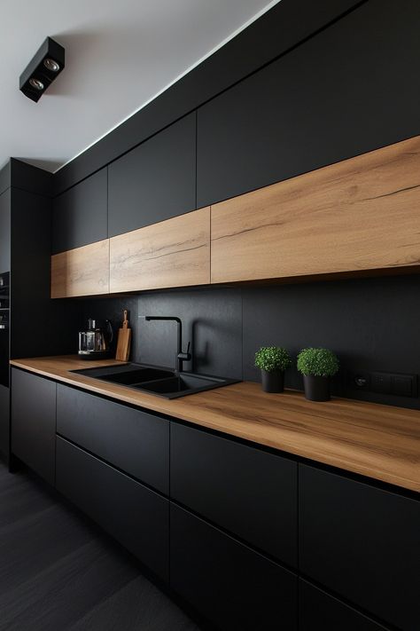 13 Sleek Black Cabinet Ideas for Your Kitchen - DreamyHomeStyle Black Lower Cabinets Kitchen, Black Kitchen Wood Countertop, Black Kitchen With Wood, Black Stained Kitchen Cabinets, Black And Gold Kitchen Ideas, Black And Oak Kitchen, Black White Wood Kitchen, Black Cabinets Kitchen, Black And Wood Interior