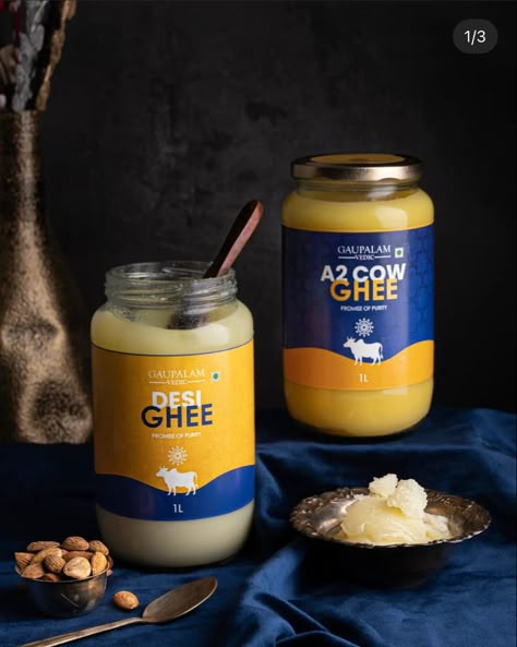 Ghee Photography Ideas, Cow Ghee Packaging Design, Dairy Products Photography, Ghee Packaging Design, Couple Illustration Wedding, Organic Ghee, Cheese Packaging, Cow Ghee, Organic Foods