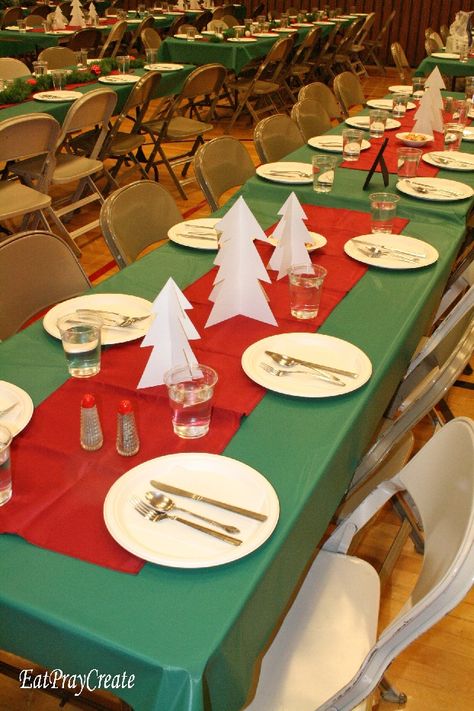 Christmas Table Decorations For Work Party, Christmas Tree Party Decorations, Easy Christmas Party Table Decorations, Large Room Christmas Party Decor, Paper Christmas Tree Centerpiece, Cheap Diy Christmas Table Decor, Ward Party Christmas Decorations, Christmas Luncheon Decorations, Christmas Tree Centerpieces Diy