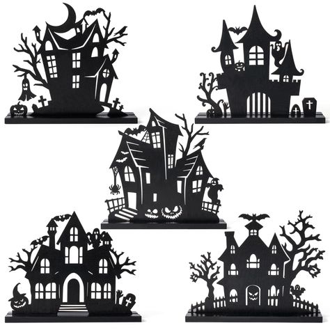 PRICES MAY VARY. Exciting Quantity and Style: You will get 5 haunted house centerpieces in different styles, plenty of styles and quantities to meet your Halloween decorating needs. Reliable Material: Our silhouette sketch ghost house table toppers are made of sturdy wood that does not warp or break easily and can be used for a long time. Detachable: The base and the sign are separate and need to be assembled by you before use (No need to use force to assemble, just put it on gently). When you d House Centerpieces, Sketch Ghost, Haunted House Silhouette, Ghost Halloween Decorations, Pumpkin Boo, Parade Ideas, Tiered Tray Signs, Halloween Art Projects, Black Sketch