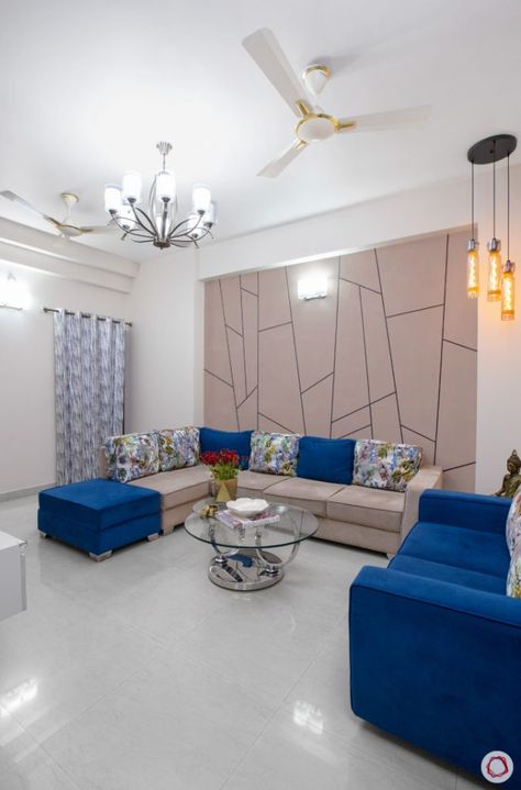 Budget Interior Designers: Tour this Playful Home in Noida Wallpaper For Drawing Room, Villa Drawing, Interior Design Drawing Room, Drawing Room Wall Design, Hall Designs, Budget Interior, Drawing Room Design, Drawing Room Interior, Hall Interior Design