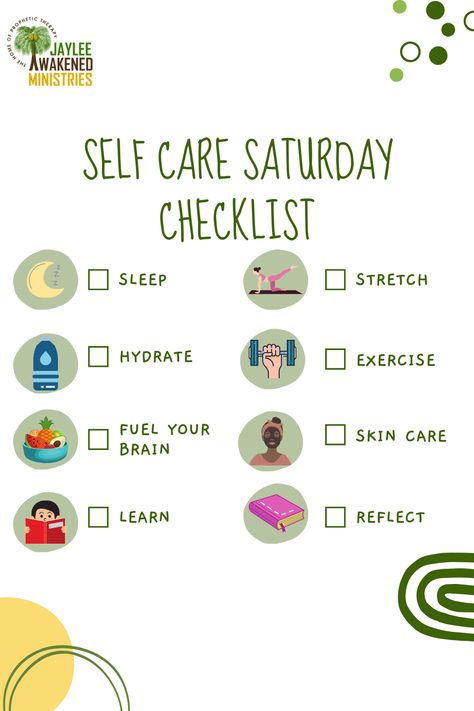 📋 Self Care Saturday Checklist!** 🌿

Recharge today with our Self Care Saturday Checklist: sleep, hydrate, fuel your brain, learn, stretch, exercise, skincare, and reflect.

“Is anyone among you suffering? Let him pray. Is anyone cheerful? Let him sing praise.” - James 5:13

#SelfCareSaturday #Wellness Self Care Saturday Post, Saturday Checklist, Saturday Self Care, Self Care Saturday, James 5 13, Saturday Post, Stretch Exercise, James 5, Brain Learning