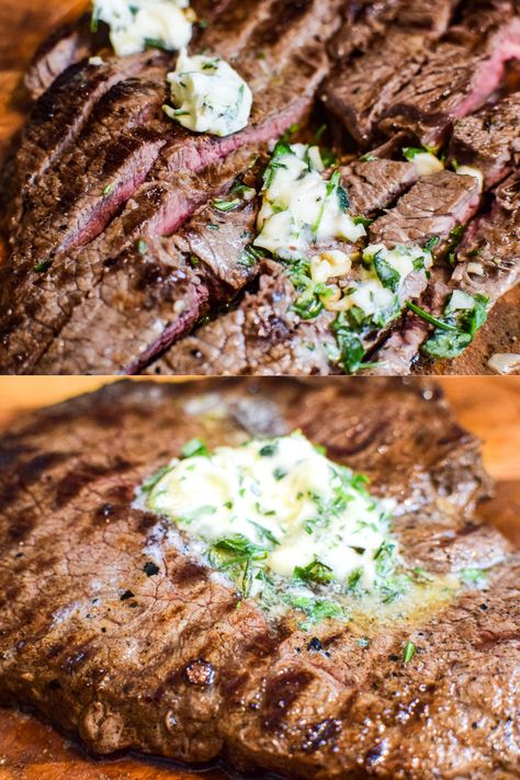 This recipe for Sirloin Steak with Herb butter is a bistro style steak dish that is perfectly seasoned and topped with a homemade herb butter. Butter Rosemary Steak, Herb Butter Steak, Garlic Herb Butter For Steak, Garlic Butter Herb Steak And Potatoes, Steak With Herb Butter, Bacon And Mushroom Risotto, Steak Herb Butter, Steak Rolls, Herb Butter Recipe