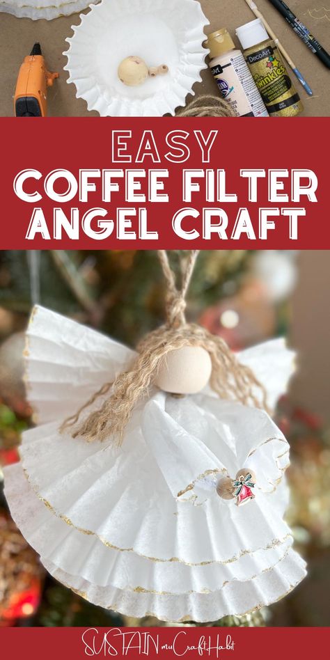 Coffee Filter Angel Craft, Coffee Filter Ornaments Holidays, Christmas Crafts Coffee Filters, Christmas Ornaments For Seniors To Make, Holiday Crafts For Seniors, Christmas Diy Angles, Crafts Using Coffee Filters, Christmas Coffee Filter Crafts, Snow Angel Craft