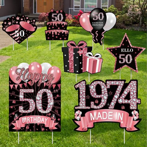 PRICES MAY VARY. [You will get] - 7pcs rose gold 50th birthday yard sign decorations and 14 stakes,including "Happy 50th birthday" garden sign, "MADE IN 1974" garden sign, and balloons, gift boxes,star,fireworks and birthday cake sign. [Unique design] - Using elegant rose gold, sparkling diamond numbers "50", "1974" and rich party elements such as balloons and stars.Large size yard signs are enough to decorate your yard and will leave you with wonderful memories. [High-quality material] - Made o Outdoor Yard Decor, Sign Decorations, Lawn Sign, Yard Sign, Yard Decor, Year Old, Lawn, Yard, Rose Gold