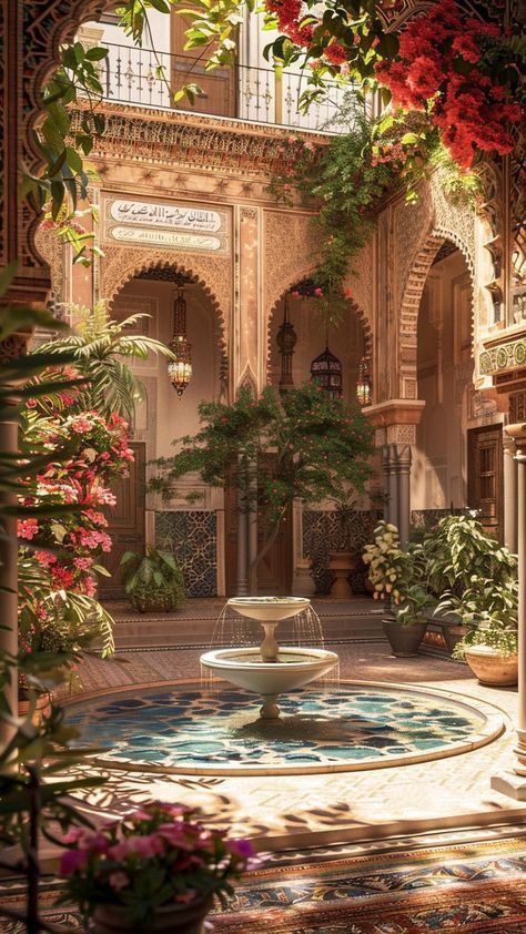 Middle Eastern Courtyard, Ethereal Building, South Asian Interior, House With Fountain, Celebrity Gardens, Modern Courtyard Design, Arabian Garden, Arabic Garden, Fountain Aesthetic