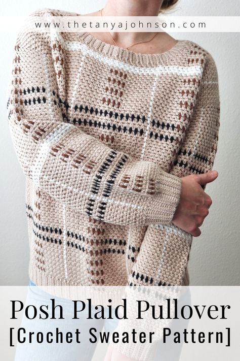 The Posh Plaid Pullover crochet sweater pattern is an oversized, classic, and comfy unisex fit sweater with a warm + inviting plaid detailing that is perfect just in time for Fall. This sweater can easily be made with or without the plaid patterning, depending on your personal style preference. This sweater will easily become a unique + cozy statement sweater in your cold-weather wardrobe, and an heirloom quality piece you can wear for years. Unisex Crochet Sweater, Knit Fall Sweater, Nordic Sweater Crochet Pattern, Crochet Fall Sweater Pattern Free, Crochet Fisherman Sweater, Plaid Crochet Sweater, Trendy Crochet Sweater For Fall, Oversized Crochet Sweater For Winter, Fall Crochet Sweater