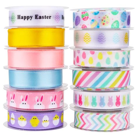 PRICES MAY VARY. Package included, you will receive 12 rolls Easter ribbons. 12 rolls Easter ribbons. 0.5inch/1.2 cm wide, 6 Yards/5.5m length, total length 72 yards/66m. Satisfy your different packaging and decoration ideas. Durable Material, Easter ribbons made of polyester, smooth surface, well-made, durable and high-quality printing, enough for long-term use. Not afraid of sunlight and water. You can use it whatever you want. Ideal for DIY crafts or decorating your Crafts. Classic Easter ele Basket Wrapping, Easter Egg Bunny, Gift Wrap Ribbon, Crafts Party, How To Make Ribbon, Easter Day, Bunny Rabbit, Grosgrain Ribbon, Easter Egg