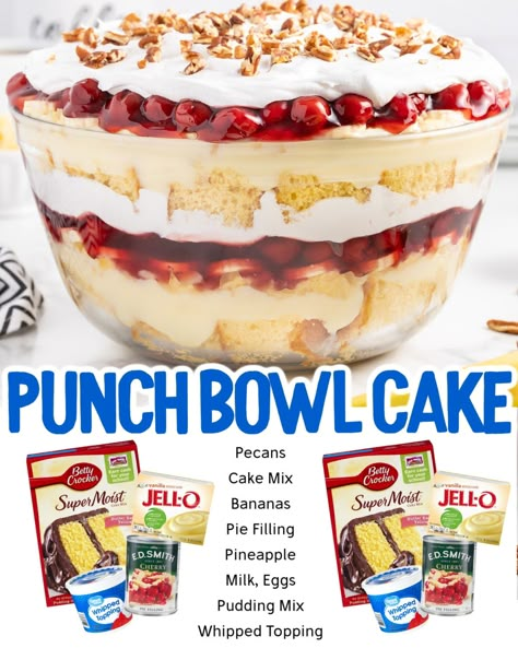 This stunning punch bowl cake has a unique twist that makes it stand out: it’s served in a punch bowl! With layers of light and fluffy sponge cake, creamy pudding, fresh fruit, and whipped topping, this cake is sure to be a hit. Snacks For Retirement Party, Punch Bowl Cake Recipe Easy, Punchbowl Cakes, Punchbowl Cake, Strawberry Punch Bowl Cake, Punch Bowl Cake Recipe, Bowl Desserts, Fluffy Sponge Cake, Persnickety Plates