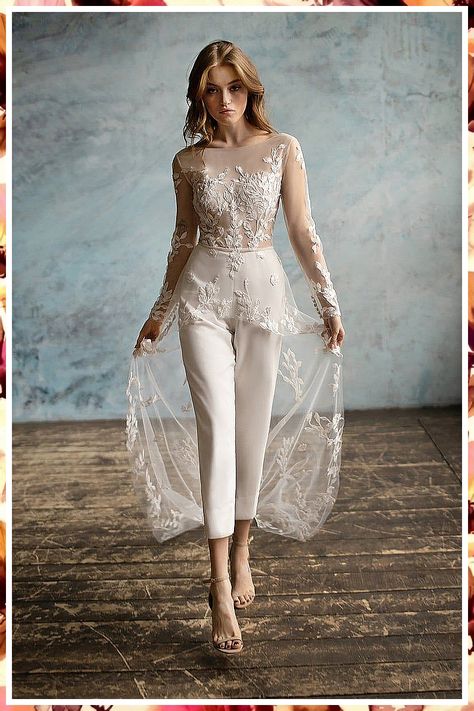 Wedding Jumpsuit The Bride - Not next week, not tomorrow, Take Action NOW! Buy what you need from one of the world's most reputable online store. Nontraditional Wedding Outfit, Wedding Invititation, Bridal Jumpsuit With Train, White Bridal Jumpsuit, Boho Wedding Dress Uk, Lace Jumpsuit Wedding, Muslim Gown, Jumpsuit Wedding Dress, Unique Boho Wedding Dress