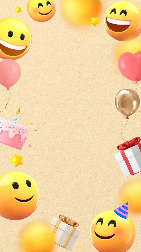 Birthday party emoticons mobile wallpaper, cute 3D frame background | premium image by rawpixel.com / Wan Birthday Background Wallpaper, 3d Wallpaper Background, Purple Mustang, Birthday Backgrounds, Birthday Banner Template, Cake Frame, Emoji Backgrounds, 3d Frames, Emoji Birthday