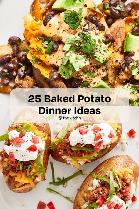 Find out all the ways to have baked potatoes for dinner, from twice-baked and stuffed to leftover baked potato casseroles. Low Fodmap Twice Baked Potatoes, Baked Potato Loaded Dinners, Baked Potato Night, Bake Potato Meals, Vegetarian Baked Potato Recipes, Dinner Recipes With Baked Potatoes, Lentil Baked Potato, Baked Potato With Beans, Baked Potato Entree