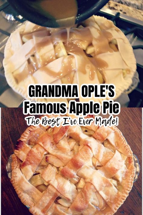 This is a 2 photo collage. Top picture is caramel like sauce being poured over top of the pie in a clear glass pie dish. The bottom picture is the pie after baking. Grandma Oples Apple Pie Recipe, Nyc Background, Background New York, Wallpaper Nyc, Fall Pies Recipes, Grandmas Apple Pie, Old Fashioned Apple Pie, Apple Crisp Pie, The Best Apple Pie