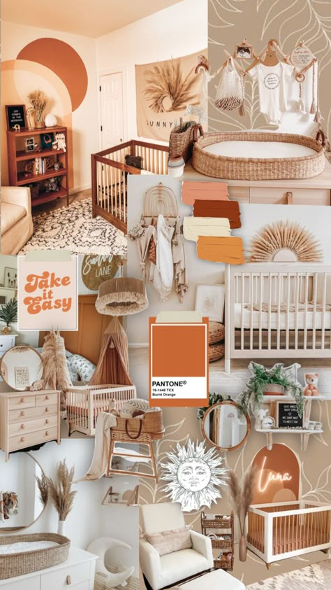 Baby nursery decor inspo | girl 🕊💕🍼✨ Burnt Orange And Cream Nursery, Burnt Orange Boho Nursery, Burnt Orange Baby Nursery, Burnt Orange Nursery Gender Neutral, Nursery Triplets, Rust Orange Nursery, 70s Nursery Theme, Orange Nursery Girl, Green And Orange Nursery