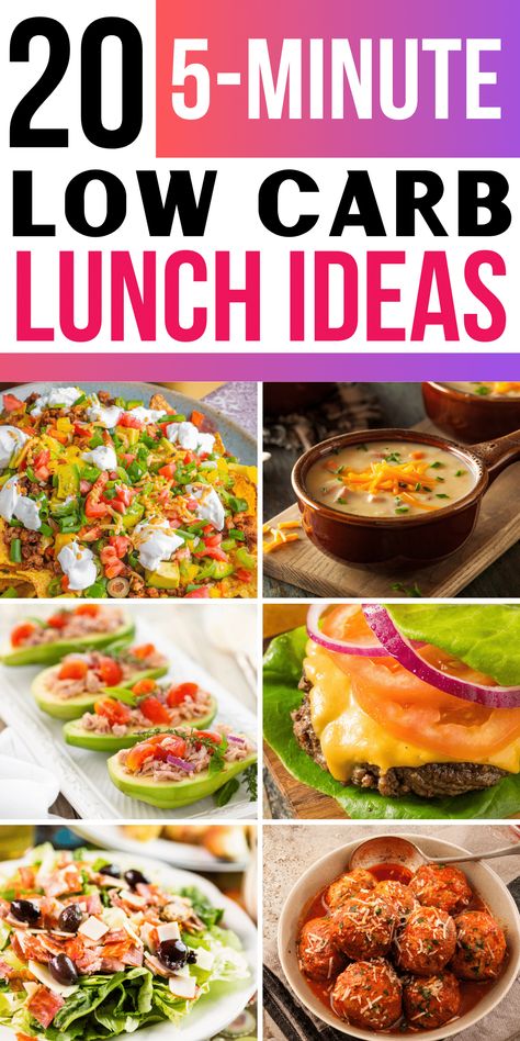 These easy low carb lunch ideas are ready in 5 minutes & have simple directions!! Also includes quick premade low-carb lunches for work or on the go. Low Carb Lunch Ideas Easy Quick, No Carb Lunch For Work, Keto Lunches On The Go, No Carb Lunches, No Carb Lunch Ideas, Low Carb Lunch Ideas Easy, Low Sugar Lunches, Low Carb Lunches For Work, Keto Lunches For Work