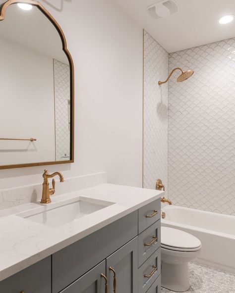 Small Bathroom Design | 1, 2, 3, 4, 5, 6, 7, 8, 9 or 10? 😍 | Instagram Scallop Tile, White Subway Tile Shower, Grey Vanity, Subway Tile Showers, Blue Bathroom Vanity, Gray Vanity, Lake House Plans, Bathroom Goals, White Subway Tile