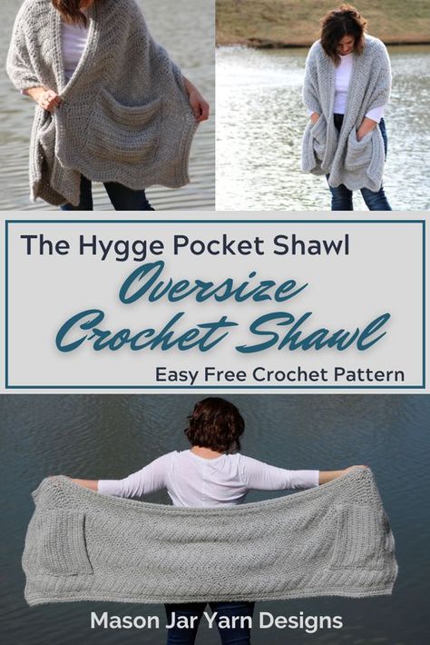 Bulky Yarn Crochet Shawl Pattern, Chunky Yarn Crochet Shawl, Quick And Easy Crochet Shawl Pattern Free, Crochet Shawl With Sleeves, Crochet Blanket Wrap, Pocket Shawls Free Pattern, Chenille Yarn Crochet Patterns, Bulky Yarn Crochet Patterns, Crochet Hygge