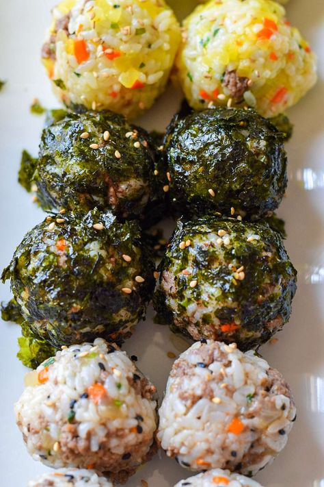 Korean Rice Balls (Jumeokbap) - Easy Recipes Easy Recipes Korean, Meal Prep Korean, Mushroom Rice Balls, Healthy Recipes Korean, Shrimp Rice Balls, Asian Rice Balls, Korean Meal Ideas, Jumeokbap Recipe, Korean Recipes Healthy