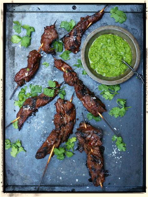 Grilled Beef Skewers with Green Chile Sauce Grilled Beef Skewers, Green Chile Sauce Recipe, Green Chile Salsa, Beef Skewers Grill, Chile Salsa, Steak Skewers, Green Chile Sauce, Shish Kabobs, Beef Skewers