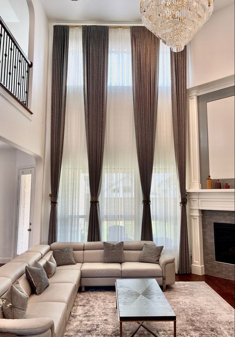 Drapes. Curtains. Living Room Interior Design Double Height Curtains High Ceilings, High Ceiling Living Room Curtains & Drapes, High Ceiling Living Room Windows, Extra Long Curtains For High Ceilings, Modern Living Room Tall Ceilings, Wall Drapes Living Room, Vaulted Ceiling Curtain Ideas, Modern House Curtains Interiors, Curtains Tall Windows