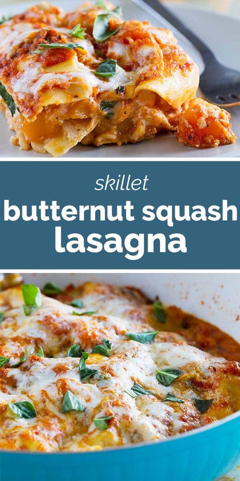 One skillet is all you need for this easy Skillet Butternut Squash Lasagna. Easy enough for a weeknight, and all you need is one pan! #recipe #oneskillet #onepan #lasagna #butternutsquash #vegetarian Butternut Squash Lasagna Recipe, Lasagna Easy, Butternut Squash Lasagna, Squash Lasagna, Squash Pasta, Pan Recipe, Easy Skillet, Spinach Lasagna, One Skillet