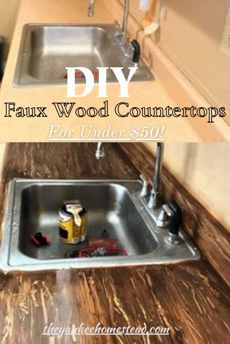 Gel Stain Laminate Countertops, Painting Laminate Countertops To Look Like Wood, Diy Faux Wood Countertops, Wood Vinyl Countertops, Countertop Redo Cheap Wood, Stain Laminate Countertops, Upgrade Laminate Countertops, Polyurethane Countertops, Formica Kitchen Countertops Makeover