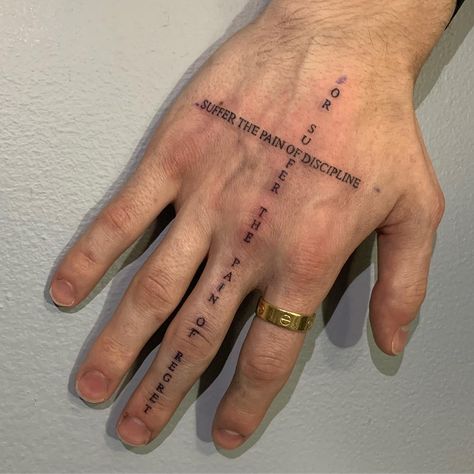 Never Regret Tattoo, Regret Tattoo Ideas, Discipline Tattoo Ideas, Pain Tatoos Ideas, Discipline Tattoo, Pain Of Discipline, Wrist Tattoos For Guys, Back Tattoos For Guys, Friendship Tattoos