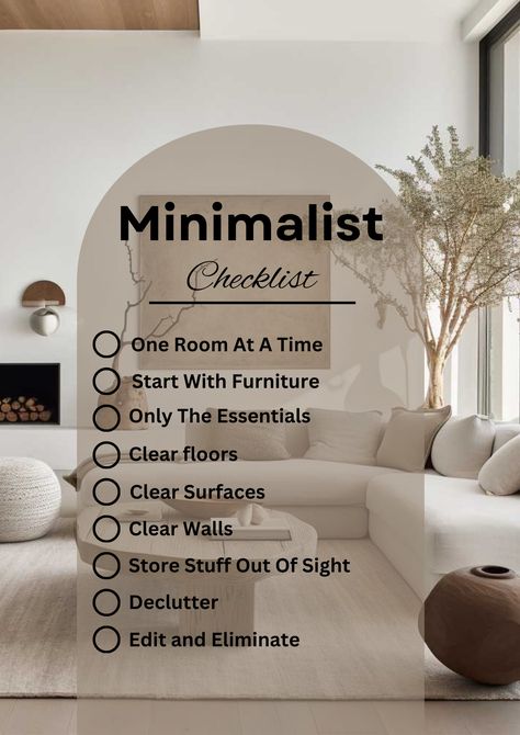 "Embrace the beauty of simplicity with our \"Minimalist\" Living Made Easy checklist. This downloadable PDF guide is your key to a clutter-free and harmonious lifestyle. Streamline your surroundings effortlessly with essential tips for decluttering, organising, and adopting a minimalist mindset. From curated spaces to intentional living, this checklist guides you through each step, helping you create a home that reflects simplicity and tranquility. Make minimalism a way of life - download now and embark on a journey to a more mindful and clutter-free existence. 🌿✨" Simplistic Home Design, Very Minimalist Home, Tidy Home Tips, Minimalist Home List, Simple Minimalist Apartment, Beautiful Minimalist Home, How To Live A Minimalist Life, Minimalist Essentials List, Apartment Tips And Tricks