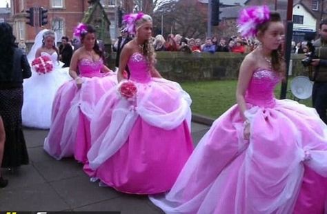 Question... if the bridesmaids need to help the bride pee.... how is this party going to go pee? Awful Wedding Dresses, Wedding Dress Romani, Romani Wedding Dress, Romani Weddings, Romani Wedding, Bad Bridesmaid Dresses, Ugly Bridesmaid Dresses, Sondra Celli, Custom Bridal Dress