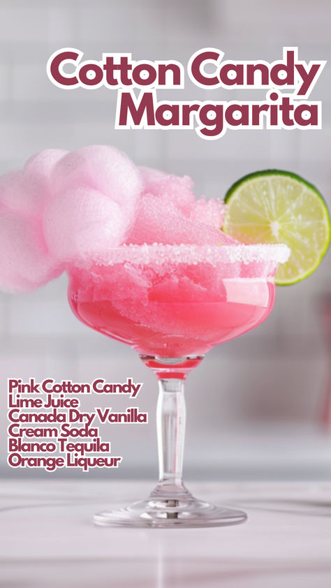 Cotton Candy Margarita Cotton Candy Alcoholic Drink Recipes, Cotton Candy Margarita Recipe, Creamy Alcoholic Drinks Recipes, Ice Cream Alcoholic Drinks Recipes, Cotton Candy Drinks Alcohol, Candy Drinks Alcohol Recipes, Cute Cocktail Recipes, Cute Alcoholic Drinks, Girly Alcoholic Drinks