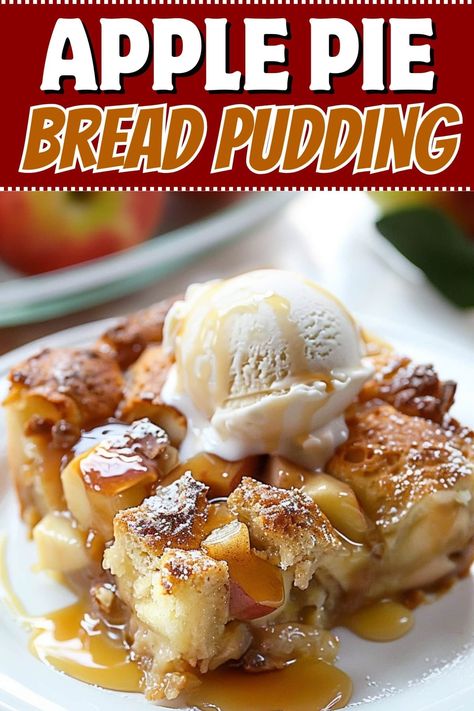 Warm, creamy, and perfectly spiced, this apple pie bread pudding captures all the beloved flavors of fall in one delightfully cozy dish. Apple Bourbon Bread Pudding, Crock Pot Apple Bread Pudding, Amaretto Bread Pudding 12 Tomatoes, Rocky Road Pudding, Kneaders Bread Pudding Recipe, Apple Cider Bread Pudding, Apple Pie Bread Pudding Easy, Bread Pudding Using Canned Apple Pie Filling, Thanksgiving Bread Pudding Recipes