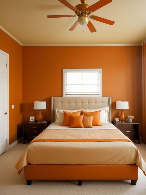 Bedroom Wall Colors Grey, Orange Accent Wall, Beige Upholstered Bed, Orange Accent Walls, Indian Bedroom Design, Orange Bedroom, Neutral Furniture, Bedroom Wall Designs, Bedroom Orange