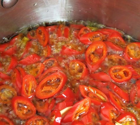 Preserve Peppers In Oil, Canning Hot Banana Peppers In Oil, Canning Peppers In Oil, Hot Hungarian Peppers Recipes, Hungarian Hot Peppers In Oil Recipe, Cowhorn Peppers Recipes, Canning Hot Peppers In Oil, Hungarian Hot Pepper Recipes, Fresno Peppers Recipes