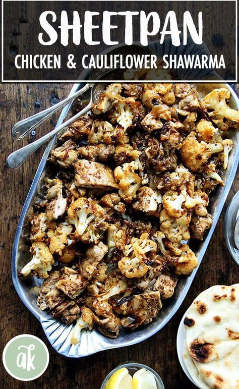 Sheet pan chicken and cauliflower "shawarma" — a favorite! So fast and good, this sheet pan supper, seasoned with cumin, coriander, and smoked paprika, has become a weeknight staple. #chicken #cauliflower #dinner #shawarma #weeknight Sheet Pan Chicken Cauliflower, Sheet Pan Dinners With Cauliflower, Cauliflower Shawarma, Cauliflower Dinner, Sheet Pan Supper, Chicken And Cauliflower, Pan Dishes, Funky Chicken, Winter Favorites