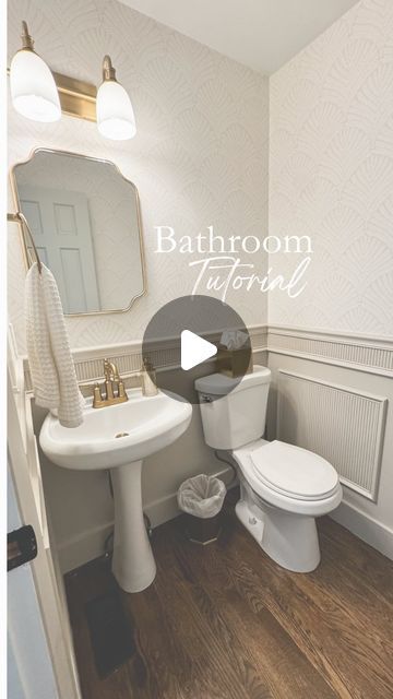 Half Bathroom Inspiration Powder Rooms, Half Bathroom Wainscoting Wallpaper, Gold Half Bathroom Ideas, Molding In Powder Room, Half Bathroom Ideas With Wallpaper, Styling A Powder Room, Neutral Half Bath, Contemporary Powder Room Design, Wallpapered Powder Room Small