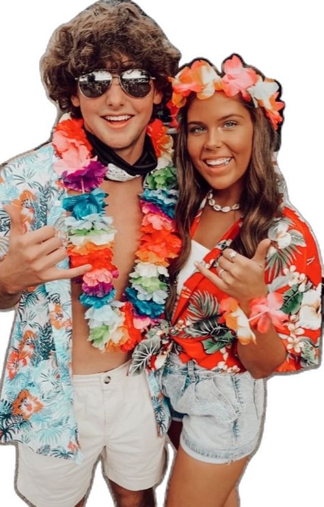 Hawaii Outfits For Football Games, Hawaiian Theme Spirit Week, Hawaiian Couple Costume, Lau Party Outfits, Hawaii Outfits Halloween, Aloha Dance Outfits, Cute Luau Outfit, Hawaiin Halloween Costumes, Paradise Theme Party Outfit