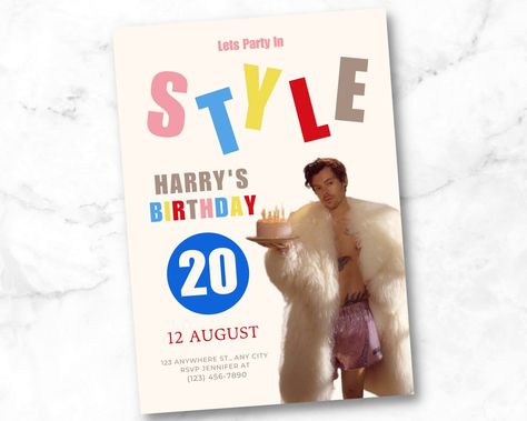 Harry Styles Party Invitation, Harry Styles Birthday Invitation, Harry Styles Invitation, Harry Styles Birthday, Harry Styles Merch, Harry Birthday, Ideas Cumpleaños, Printable Invitation Templates, 25th Birthday