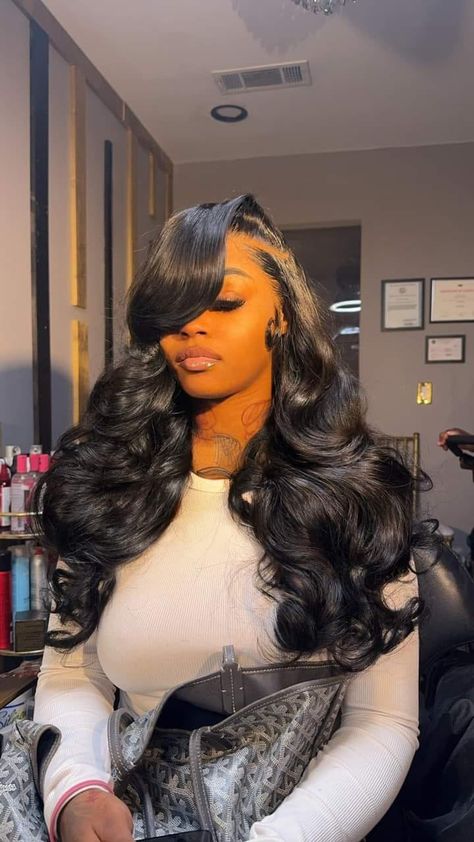 30 Inch Wig Styles, Long Side Part With Curls, 40 Inch Side Part Wig, Curled Black Wig, Hairstyle Lace Wig, See In Black Women, Flip Over Wig Black Women, Deep Side Part Wig Install, Frontal Install Hairstyles