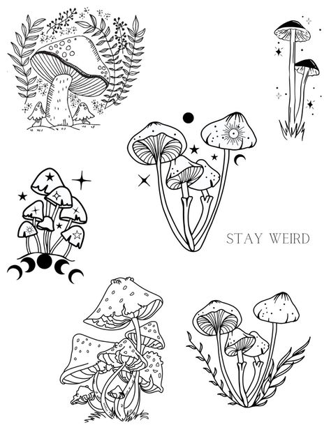 Tattoo Flash Sheet Mushroom, Mini Tats Mushroom, Mushroom Tattoos Fine Line, Tall Mushroom Tattoo, Mushroom Rib Tattoo, Mushroom And Vines Tattoo, Mushroom Filler Tattoo, Colored Mushroom Tattoo, Japanese Mushroom Tattoo