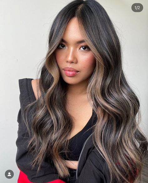 Dark Chocolate With Blonde Highlights, Dark Brown Balayage With Money Piece, Baby Lights Dark Hair, Baby Lights Black Hair, Soft Balayage On Dark Hair, Soft Balayage Brunette, Baby Lights On Dark Hair, Baby Lights Hair Brunette, Brown Bayalage